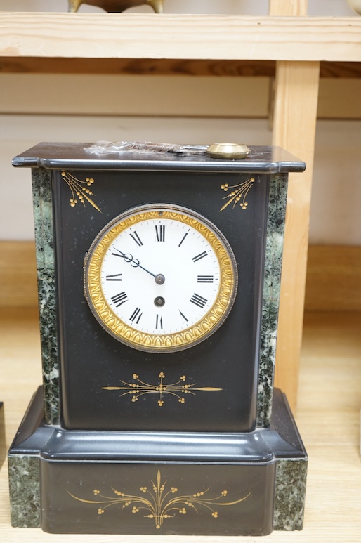 Two Victorian slate mantel clocks, each with pendulum and key, largest 35cm high. Condition - fair to good, untested